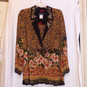 Vintage Carole Little Blouse Jacket Gold Trim Long Lightweight, size 8 XL